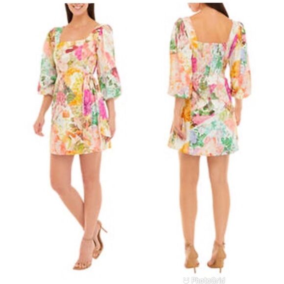 VINCE CAMUTO Pink Green Floral Print Mini Dress Tie Waist Cotton Linen 10 12 New - Picture 3 of 16